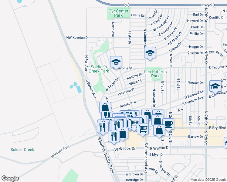 map of restaurants, bars, coffee shops, grocery stores, and more near 333 Pfister Avenue in Sierra Vista