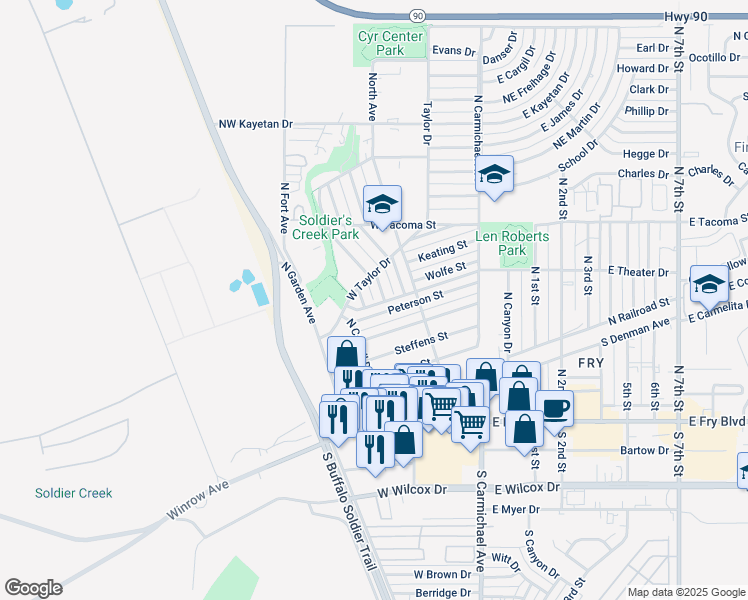 map of restaurants, bars, coffee shops, grocery stores, and more near 341 Pfister Avenue in Sierra Vista