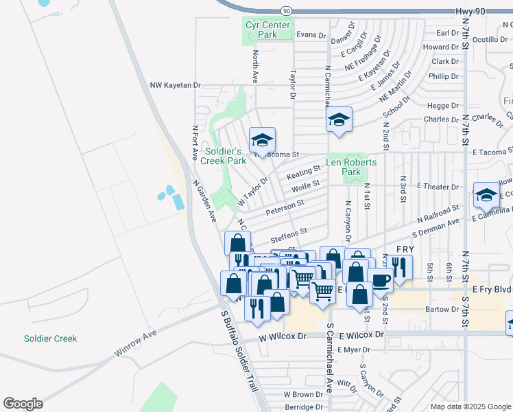 map of restaurants, bars, coffee shops, grocery stores, and more near 325 Pfister Avenue in Sierra Vista