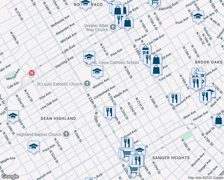 map of restaurants, bars, coffee shops, grocery stores, and more near 2208 Cumberland Avenue in Waco