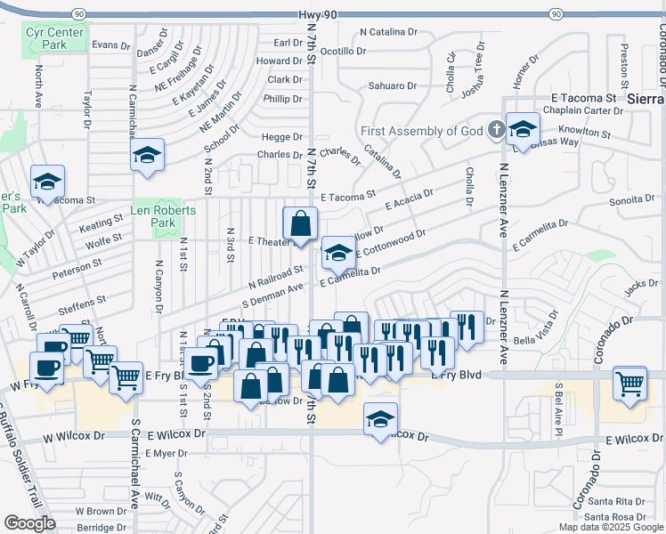 map of restaurants, bars, coffee shops, grocery stores, and more near 355 North 7th Street in Sierra Vista