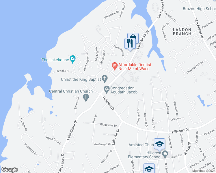 map of restaurants, bars, coffee shops, grocery stores, and more near 4750 Lake Shore Drive in Waco