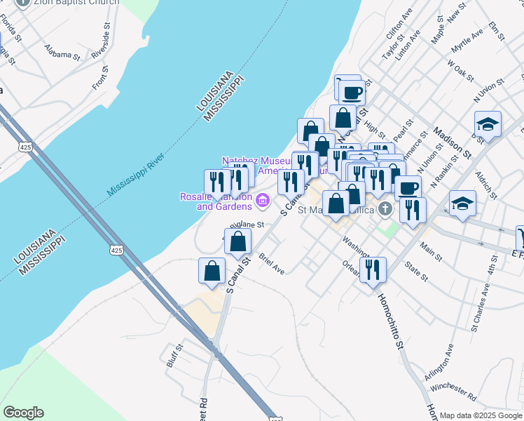 map of restaurants, bars, coffee shops, grocery stores, and more near 100 Orleans Street in Natchez