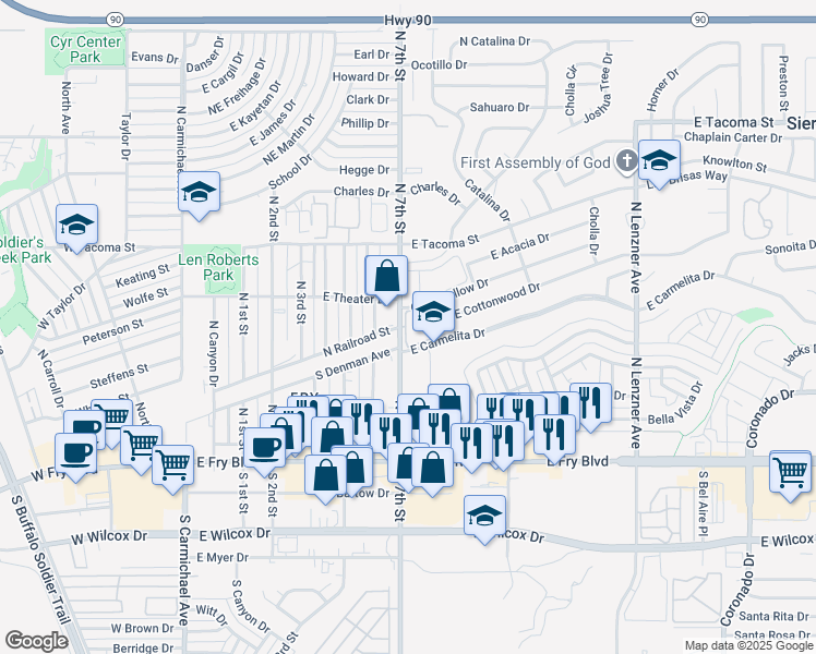 map of restaurants, bars, coffee shops, grocery stores, and more near 355 North 7th Street in Sierra Vista
