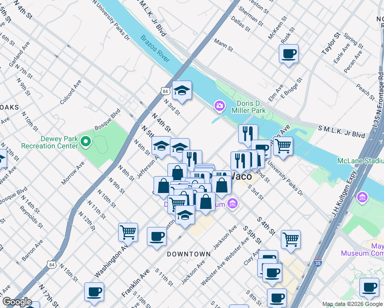 map of restaurants, bars, coffee shops, grocery stores, and more near 406 Columbus Avenue in Waco