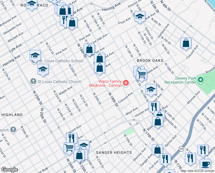 map of restaurants, bars, coffee shops, grocery stores, and more near 1601 North 18th Street in Waco