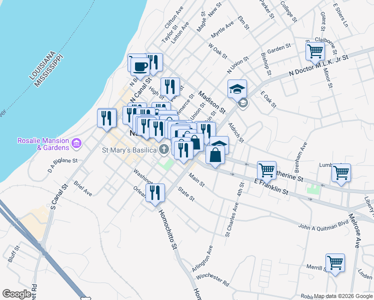 map of restaurants, bars, coffee shops, grocery stores, and more near 713 Main Street in Natchez