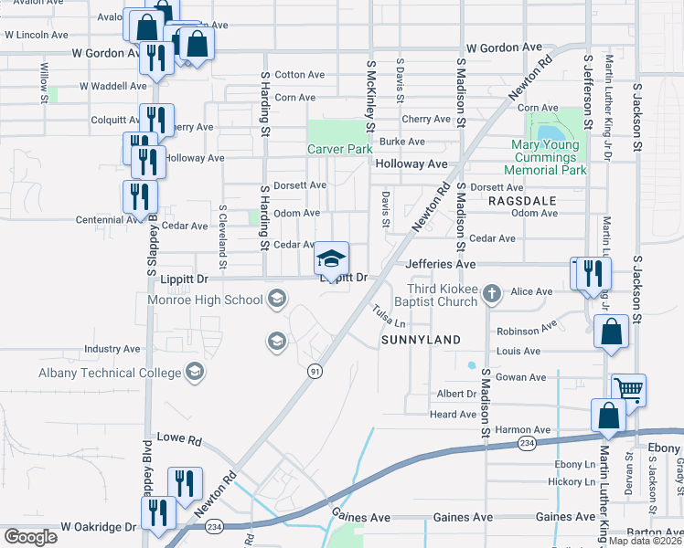 map of restaurants, bars, coffee shops, grocery stores, and more near 800 Lippitt Drive in Albany