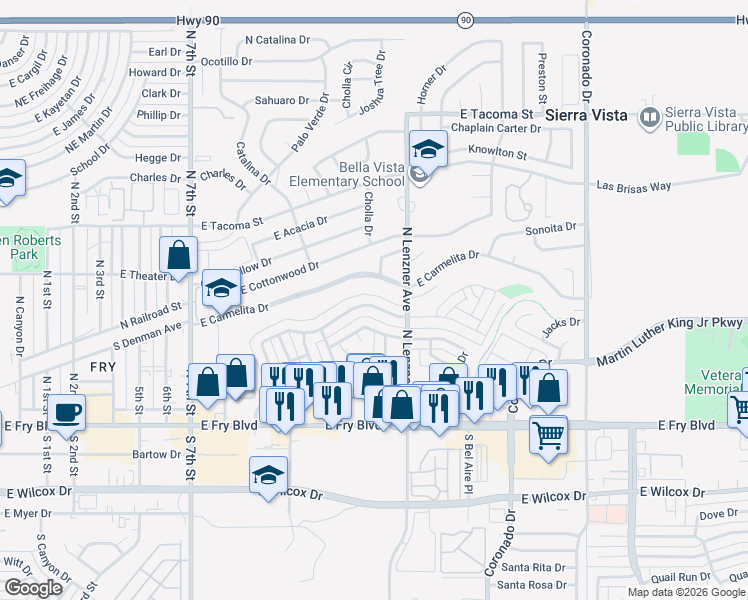 map of restaurants, bars, coffee shops, grocery stores, and more near 1416 Andrea Drive in Sierra Vista