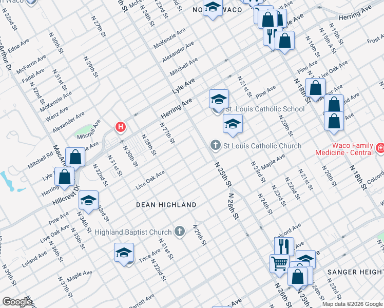 map of restaurants, bars, coffee shops, grocery stores, and more near Live Oak Avenue in Waco