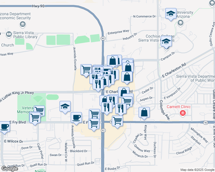 map of restaurants, bars, coffee shops, grocery stores, and more near North Highway 90 Bypass in Sierra Vista