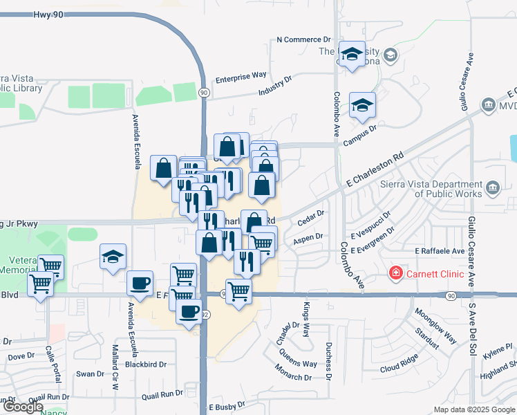 map of restaurants, bars, coffee shops, grocery stores, and more near 507 Highway 90 in Sierra Vista