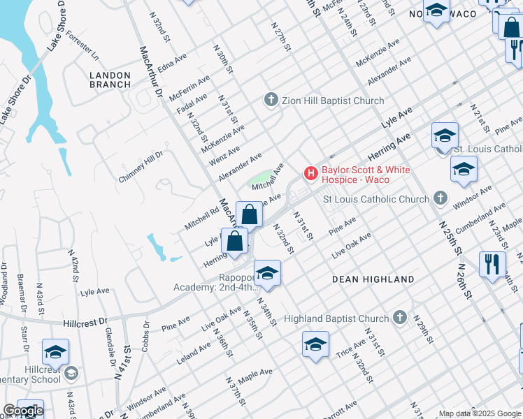 map of restaurants, bars, coffee shops, grocery stores, and more near 3126 Lyle Avenue in Waco
