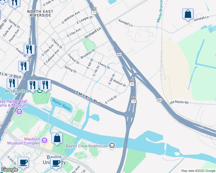 map of restaurants, bars, coffee shops, grocery stores, and more near 908 East 9th Street in Waco