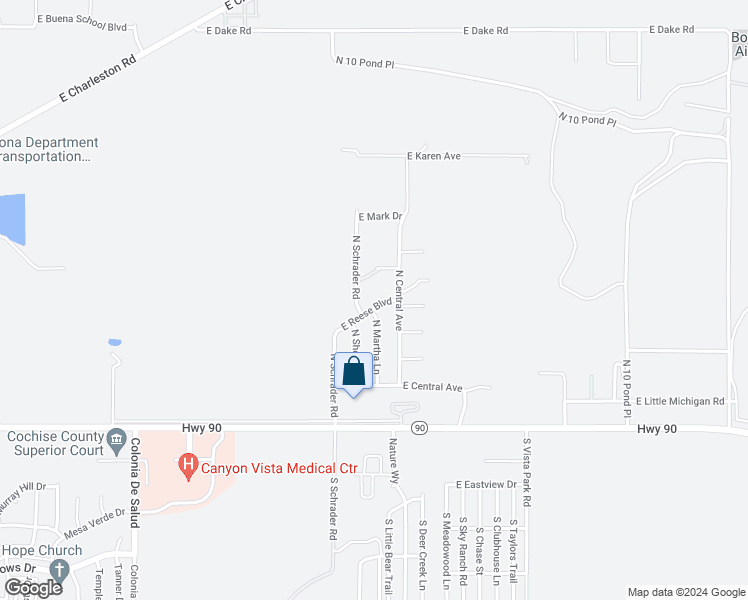 map of restaurants, bars, coffee shops, grocery stores, and more near 6055 East Reese Boulevard in Sierra Vista