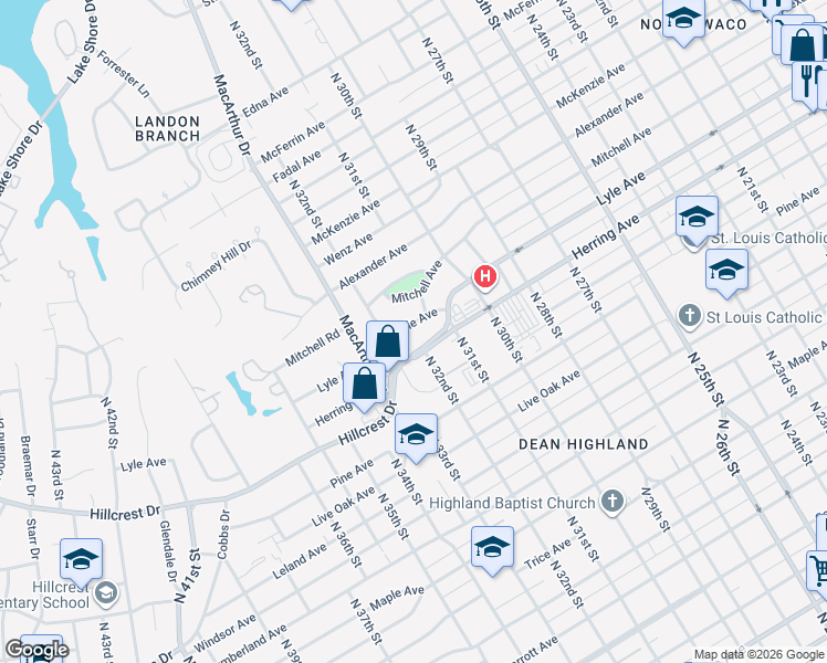 map of restaurants, bars, coffee shops, grocery stores, and more near 3101 Lyle Avenue in Waco