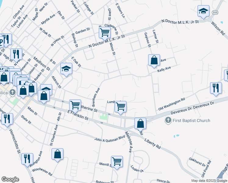map of restaurants, bars, coffee shops, grocery stores, and more near 201 Lumber Street in Natchez
