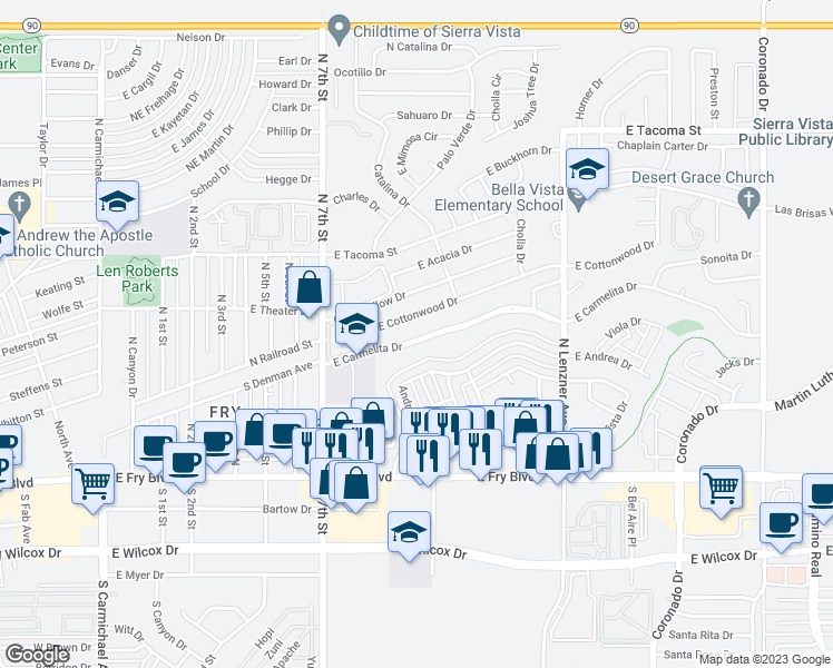 map of restaurants, bars, coffee shops, grocery stores, and more near 1049 East Carmelita Drive in Sierra Vista