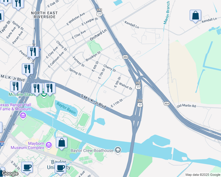 map of restaurants, bars, coffee shops, grocery stores, and more near 908 East 9th Street in Waco