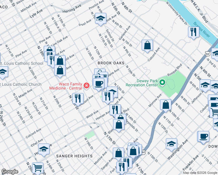 map of restaurants, bars, coffee shops, grocery stores, and more near 1207 Colcord Avenue in Waco