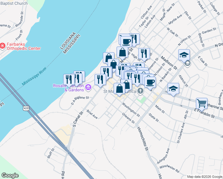 map of restaurants, bars, coffee shops, grocery stores, and more near in Natchez