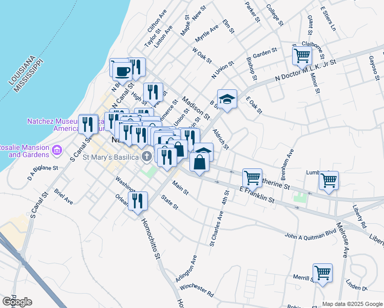 map of restaurants, bars, coffee shops, grocery stores, and more near 315 Martin Luther King Junior Road in Natchez