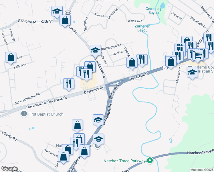 map of restaurants, bars, coffee shops, grocery stores, and more near 170 Sgt Prentiss Drive in Natchez