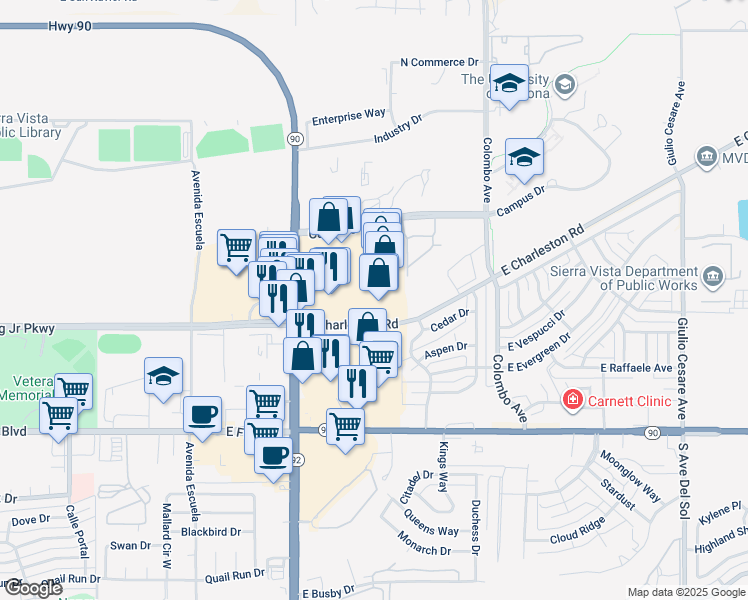 map of restaurants, bars, coffee shops, grocery stores, and more near 507 Arizona 90 in Sierra Vista