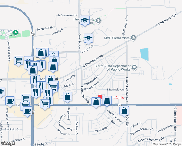 map of restaurants, bars, coffee shops, grocery stores, and more near 426 North Andrea Doria Avenue in Sierra Vista
