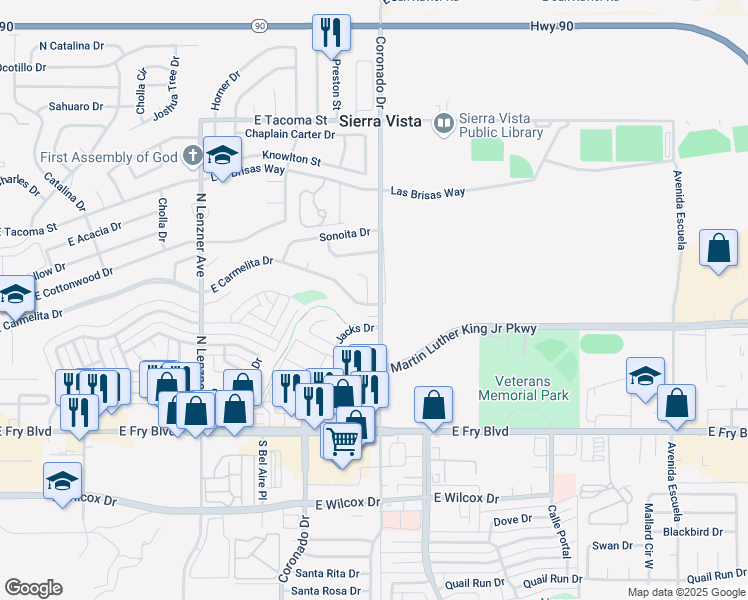 map of restaurants, bars, coffee shops, grocery stores, and more near 565 Cibola Way in Sierra Vista