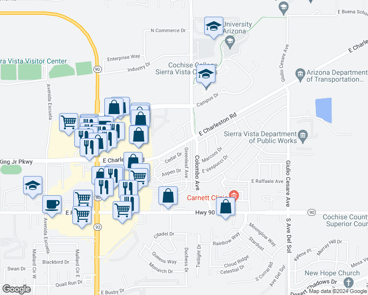 map of restaurants, bars, coffee shops, grocery stores, and more near 532 Greenleaf Avenue in Sierra Vista