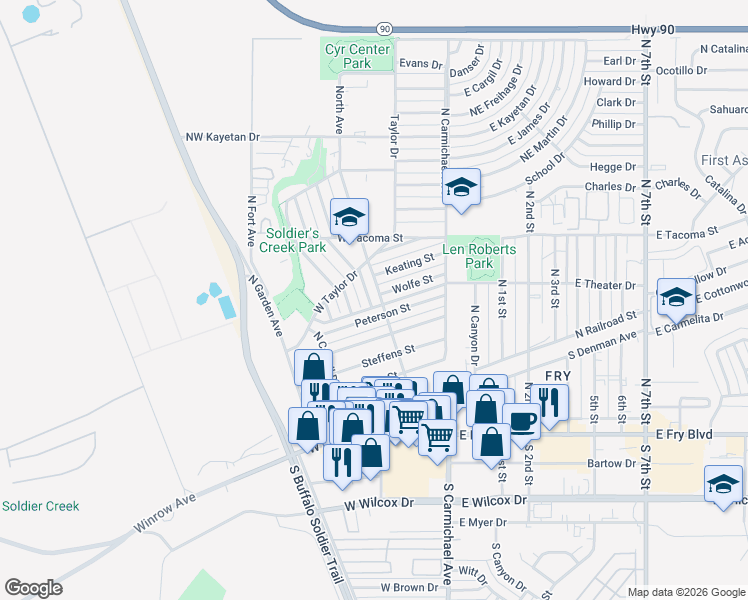 map of restaurants, bars, coffee shops, grocery stores, and more near 508 North Avenue in Sierra Vista