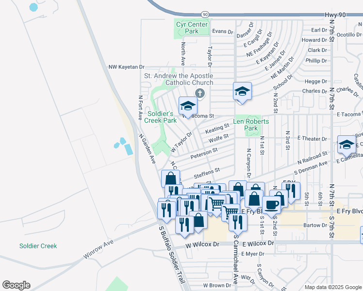 map of restaurants, bars, coffee shops, grocery stores, and more near Pfister Avenue in Sierra Vista