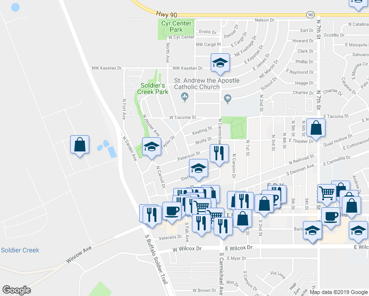 map of restaurants, bars, coffee shops, grocery stores, and more near 197 Wolfe Street in Sierra Vista