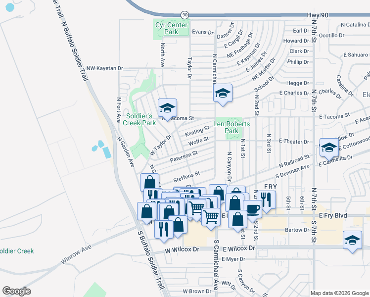 map of restaurants, bars, coffee shops, grocery stores, and more near 197 Wolfe Street in Sierra Vista