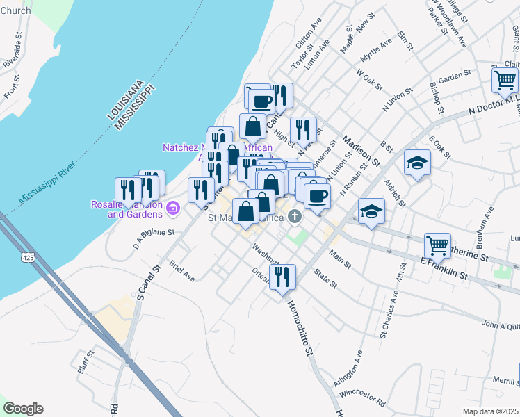 map of restaurants, bars, coffee shops, grocery stores, and more near 111 South Pearl Street in Natchez