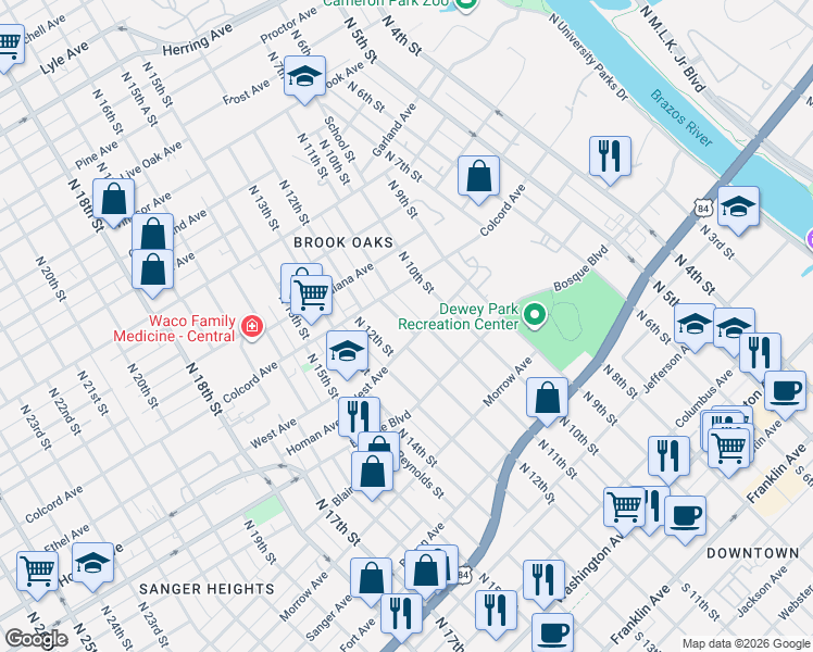 map of restaurants, bars, coffee shops, grocery stores, and more near 1322 North 11th Street in Waco