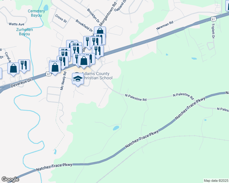 map of restaurants, bars, coffee shops, grocery stores, and more near North Palestine Road in Natchez
