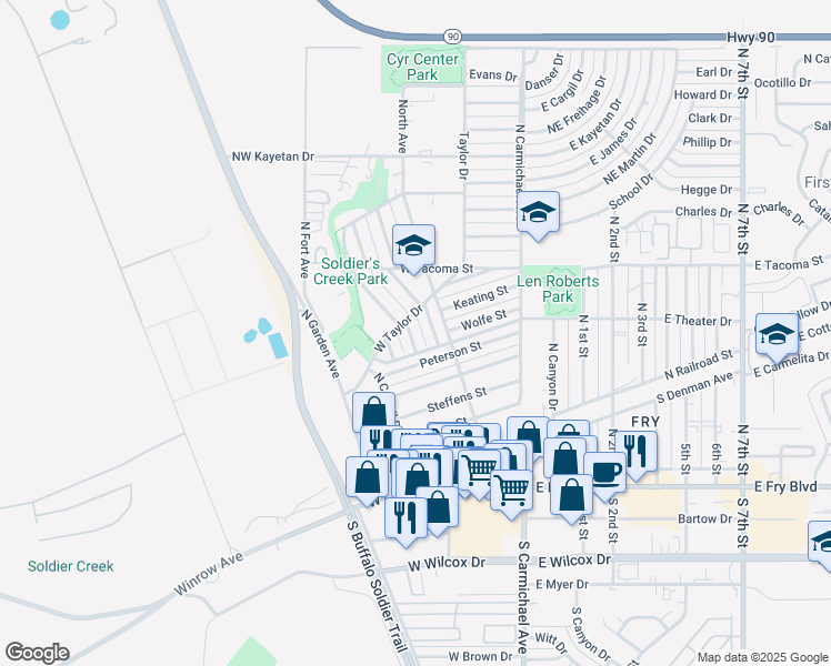 map of restaurants, bars, coffee shops, grocery stores, and more near 548 Graham Place in Sierra Vista