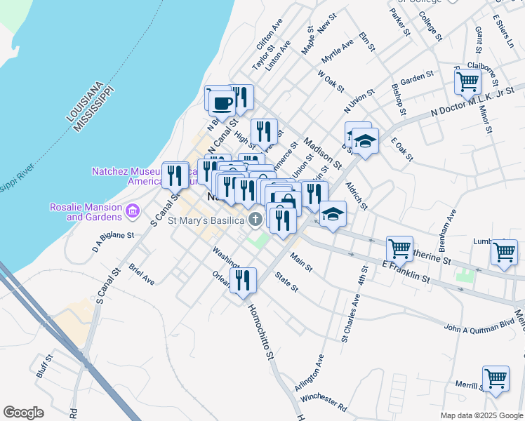 map of restaurants, bars, coffee shops, grocery stores, and more near 512 Franklin Street in Natchez