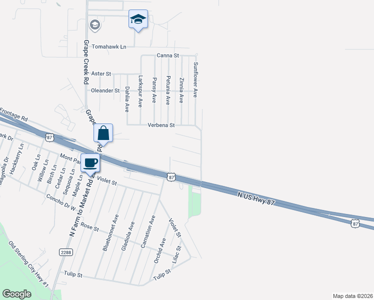 map of restaurants, bars, coffee shops, grocery stores, and more near 8201 Sunflower Avenue in San Angelo