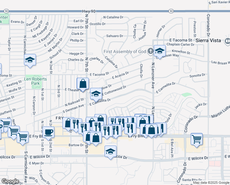 map of restaurants, bars, coffee shops, grocery stores, and more near 1096 East Cottonwood Drive in Sierra Vista