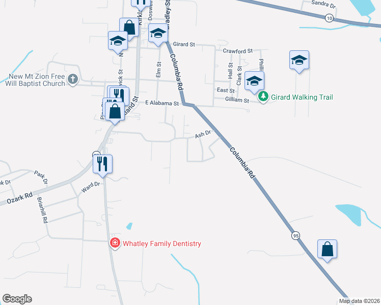 map of restaurants, bars, coffee shops, grocery stores, and more near 102 Martin Drive in Abbeville