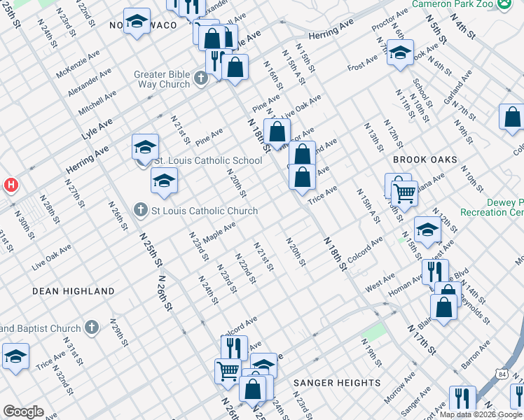 map of restaurants, bars, coffee shops, grocery stores, and more near 1918 Maple Avenue in Waco
