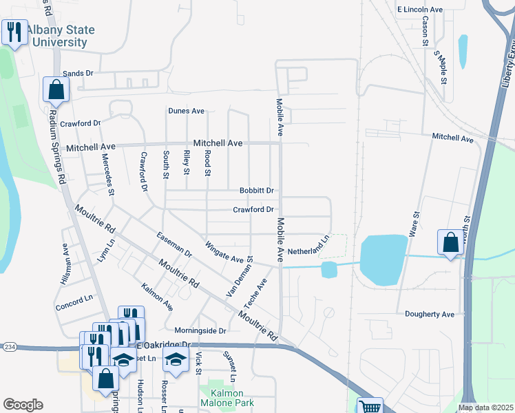 map of restaurants, bars, coffee shops, grocery stores, and more near 1205 Crawford Drive in Albany