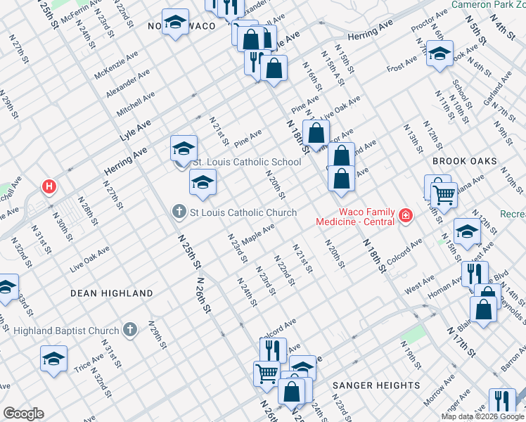 map of restaurants, bars, coffee shops, grocery stores, and more near 2016 Cumberland Avenue in Waco