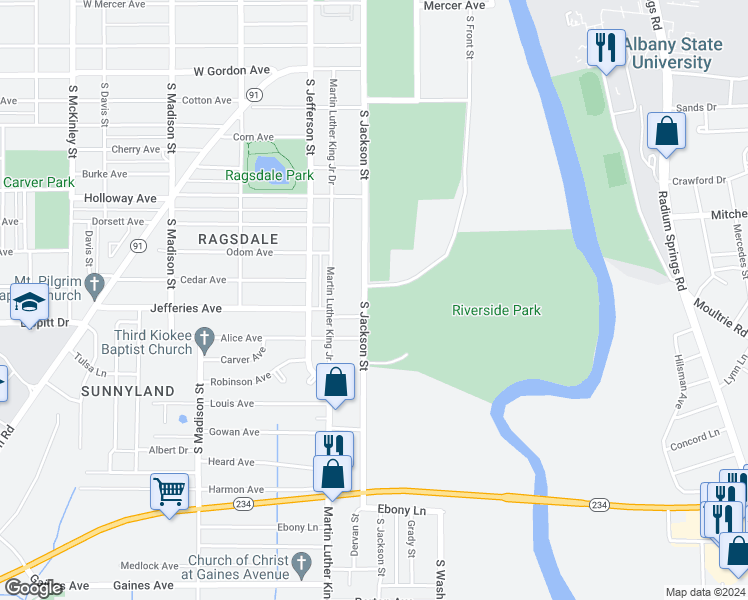 map of restaurants, bars, coffee shops, grocery stores, and more near 1404 South Jackson Street in Albany