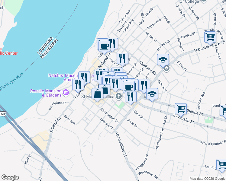 map of restaurants, bars, coffee shops, grocery stores, and more near in Natchez