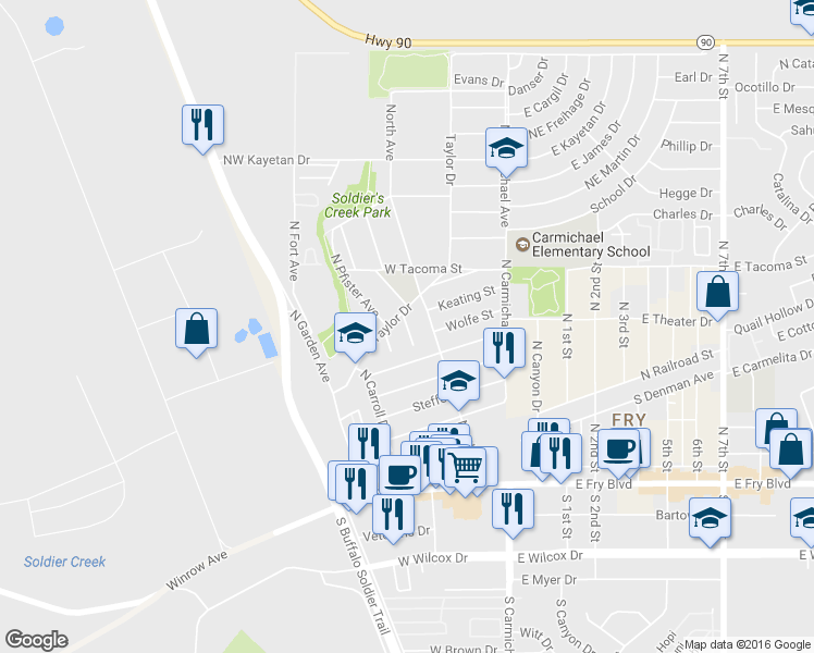 map of restaurants, bars, coffee shops, grocery stores, and more near 540 North Graham Drive in Sierra Vista