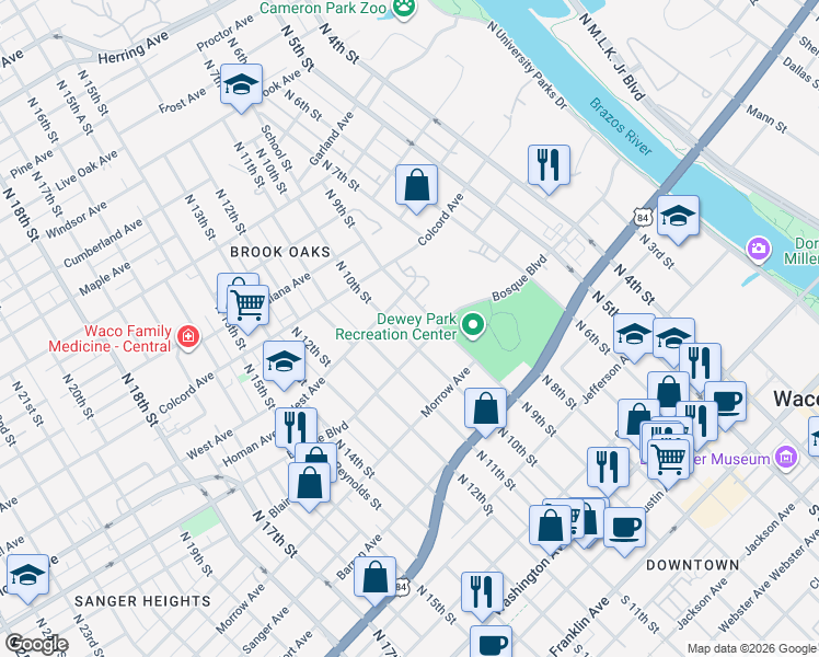 map of restaurants, bars, coffee shops, grocery stores, and more near 1121 North 10th Street in Waco